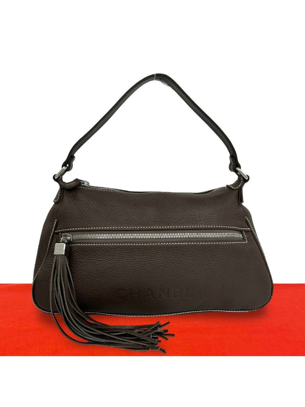 Chanel Seal 8 Logo Fringe Tassel Leather Shoulder Bag Tote Brown